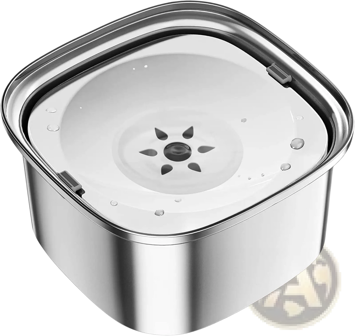 Stainless steel square floating dog water bowl with clear lid and central spout design for pet hydration