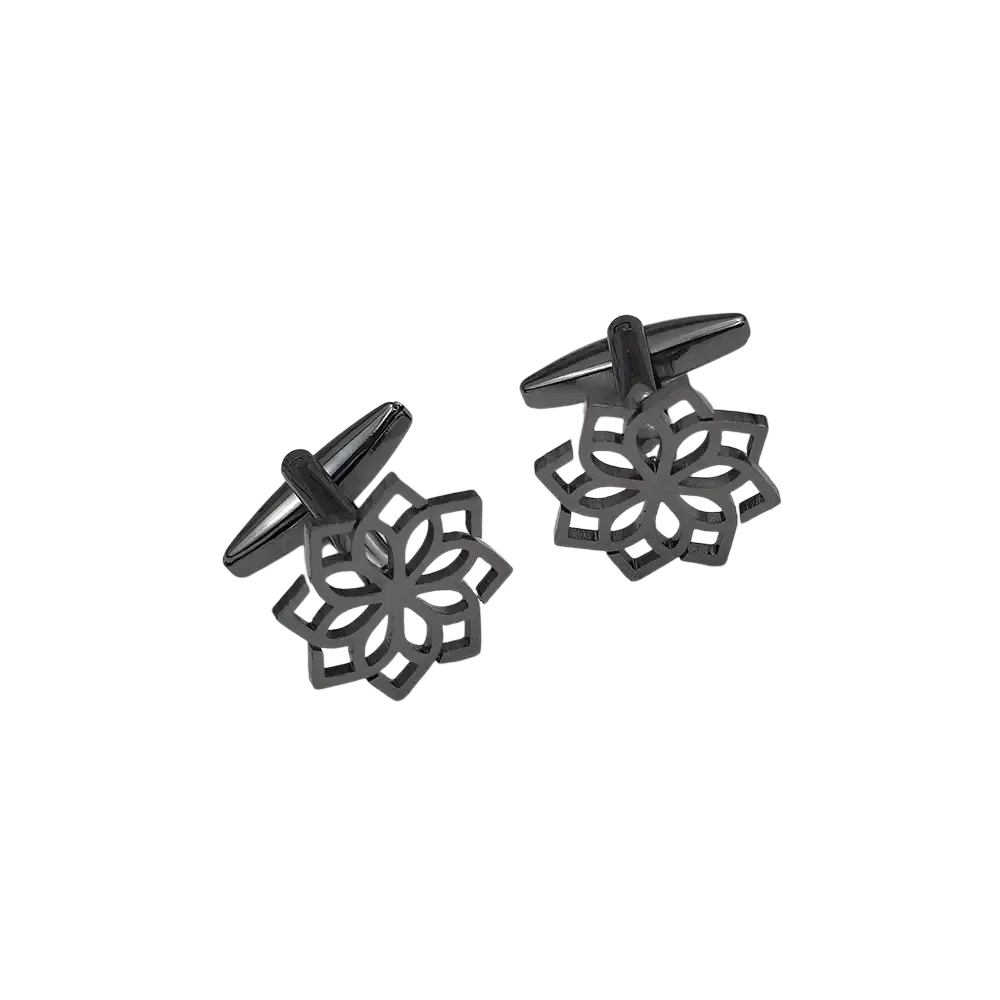 Black metallic stainless steel cufflinks for men featuring an intricate openwork floral design