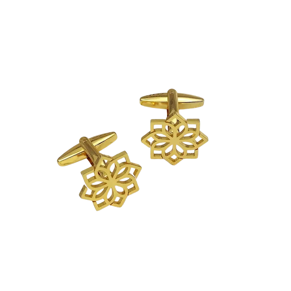Gold-toned stainless steel floral cufflinks for men featuring an intricate openwork design