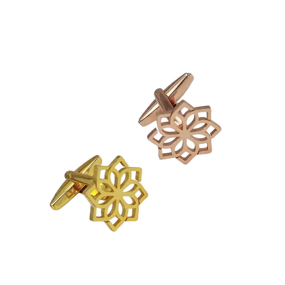 A pair of rose gold and yellow gold stainless steel floral cufflinks for men with intricate cut-out designs