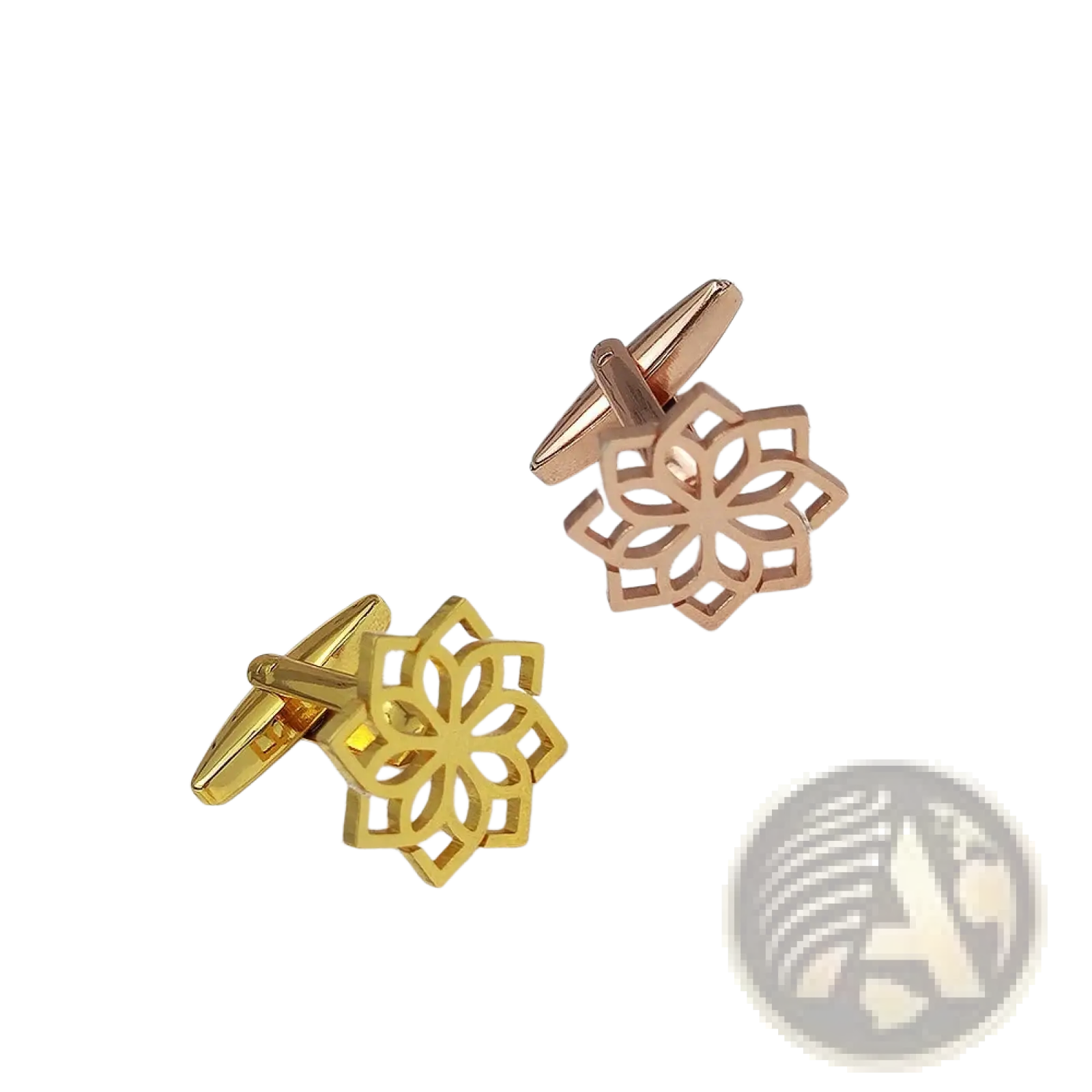 A pair of rose gold and yellow gold stainless steel floral cufflinks for men with intricate cut-out designs