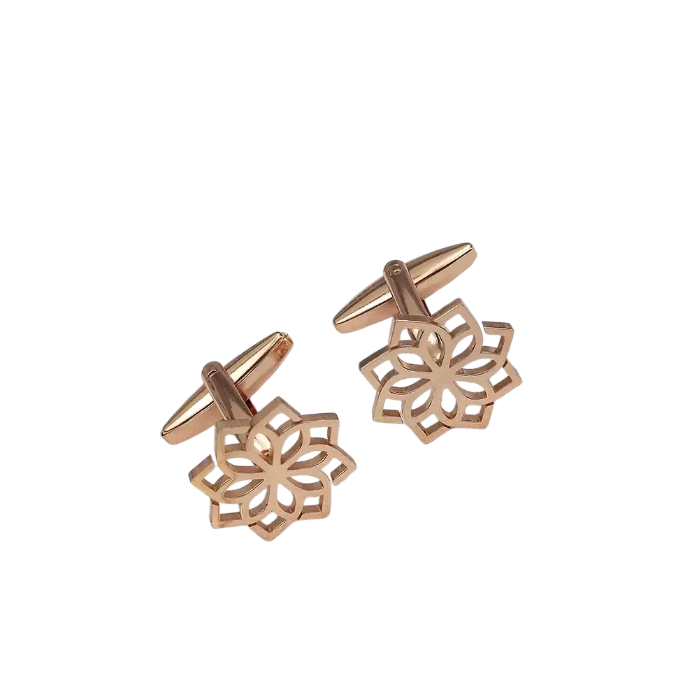 Rose gold-toned stainless steel floral cufflinks for men featuring an intricate openwork design