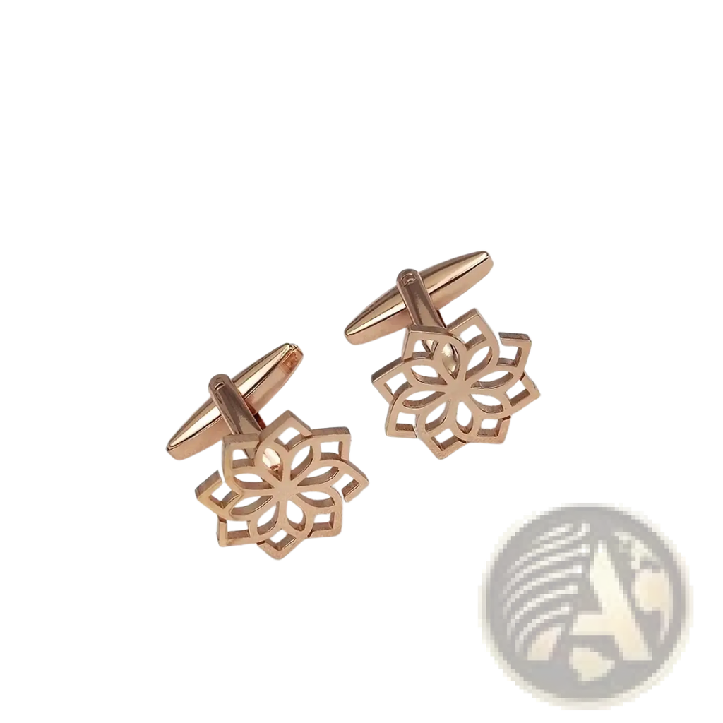 Rose gold-toned stainless steel floral cufflinks for men featuring an intricate openwork design