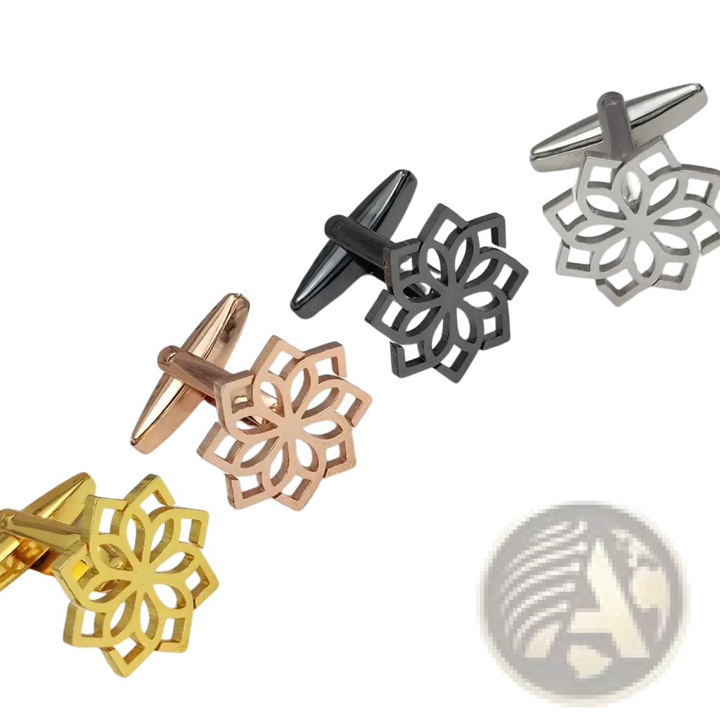 Set of four stainless steel floral cufflinks for men in gold rose gold black and silver metallic finishes