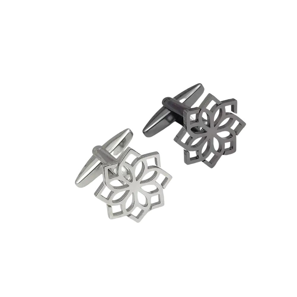 Stainless steel floral cufflinks for men in silver and black with intricate openwork floral design details