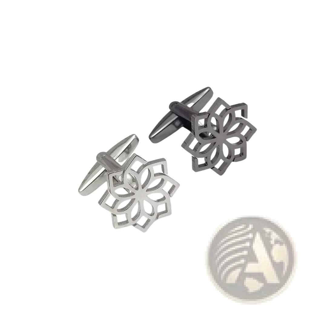 Stainless steel floral cufflinks for men in silver and black with intricate openwork floral design details