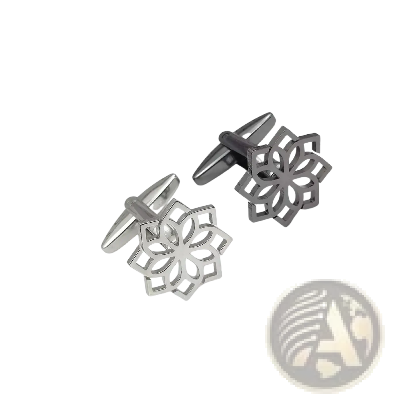 Stainless steel floral cufflinks for men in silver and black with intricate openwork floral design details