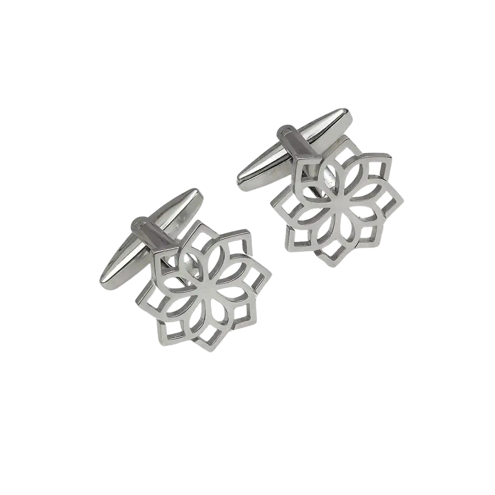 Silver-toned stainless steel floral cufflinks for men with intricately cut patterns and polished metallic finish