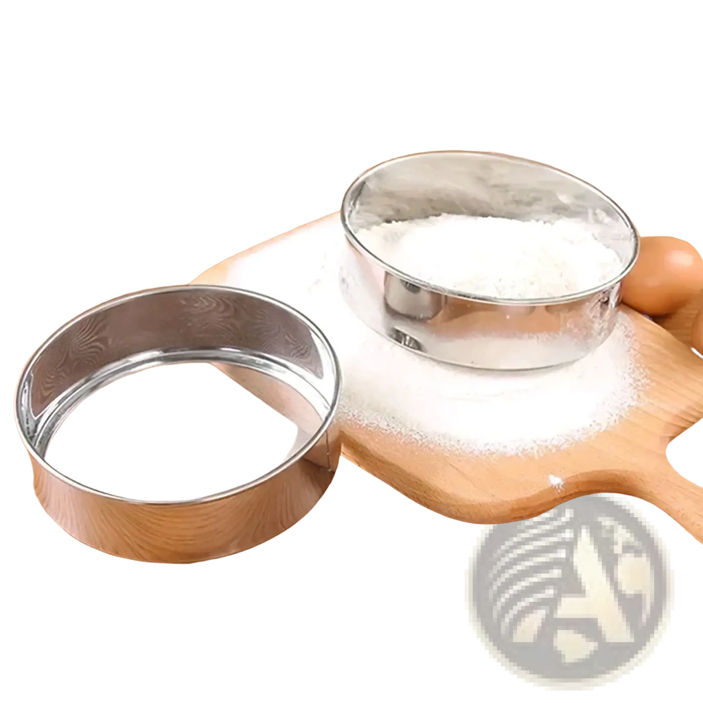 Stainless steel flour sifter with a fine mesh screen and polished metallic rim for baking use