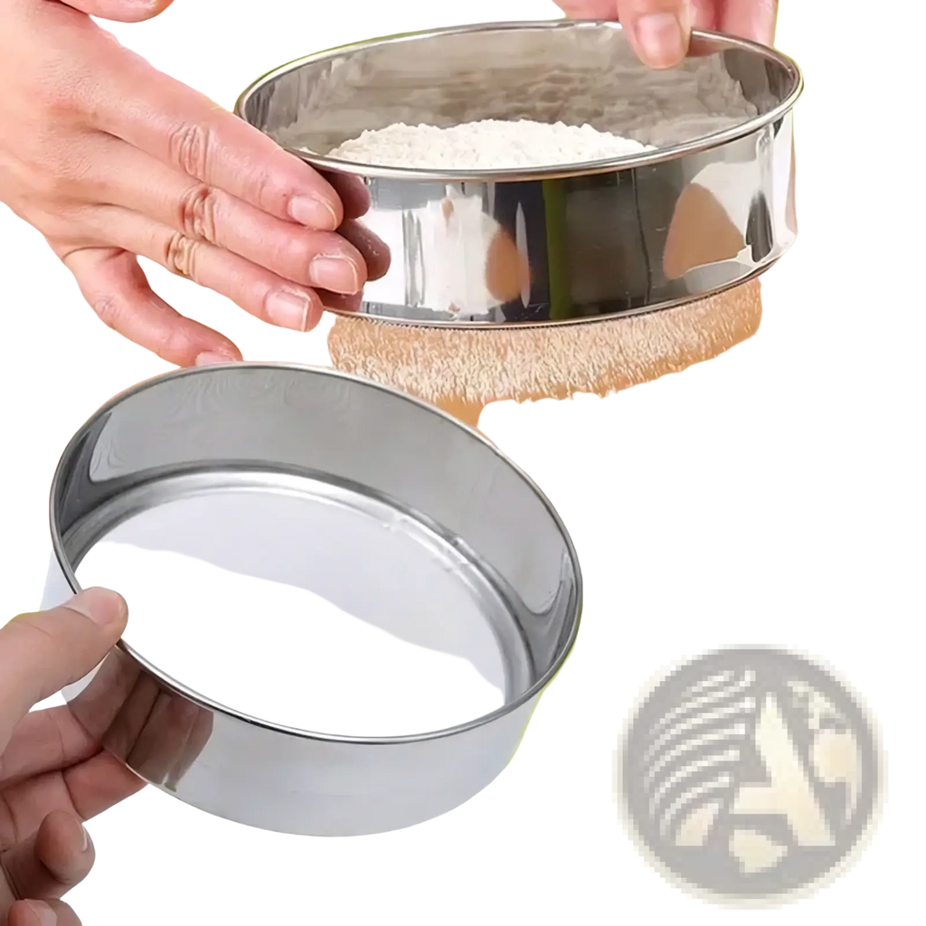 Stainless steel circular flour sifter with 15cm diameter and fine mesh screen for even dry ingredient distribution