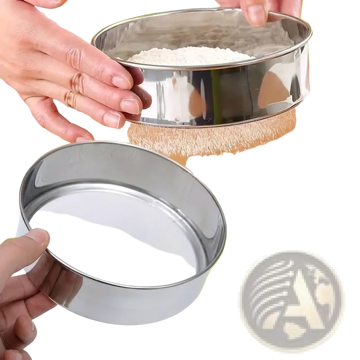 Stainless steel circular flour sifter with 15cm diameter and fine mesh screen for even dry ingredient distribution