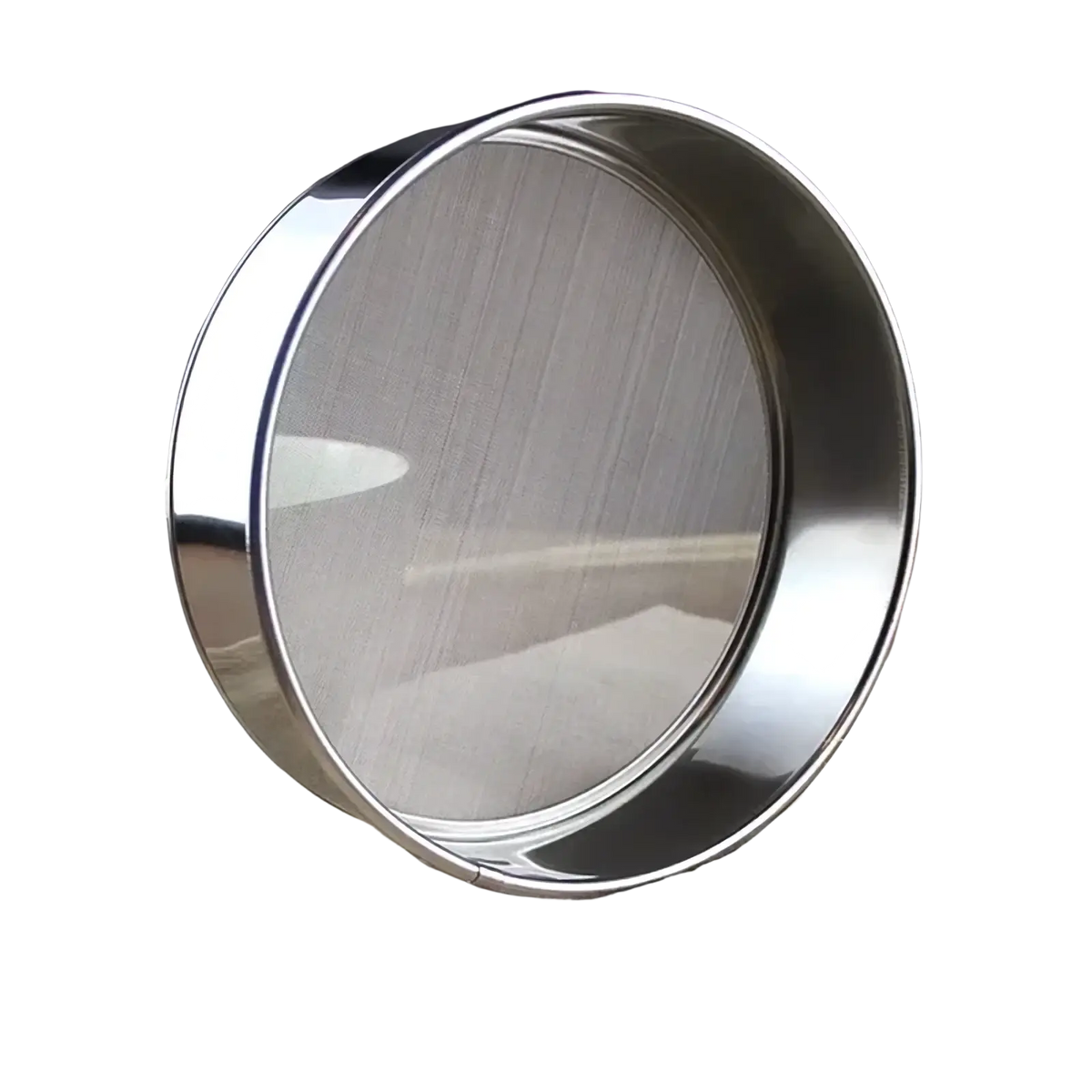 Circular stainless steel flour sifter with polished metallic rim and fine mesh screen for baking use