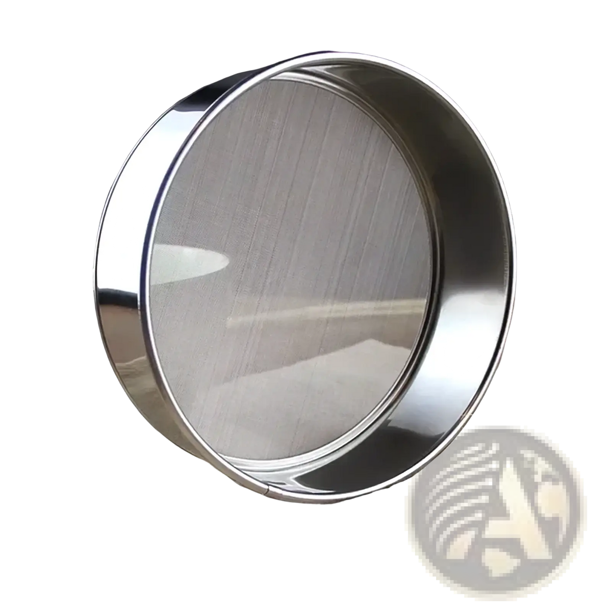 Circular stainless steel flour sifter with polished metallic rim and fine mesh screen for baking use