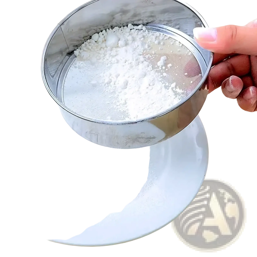 A round stainless steel flour sifter with fine mesh screen held above a white plate for baking use