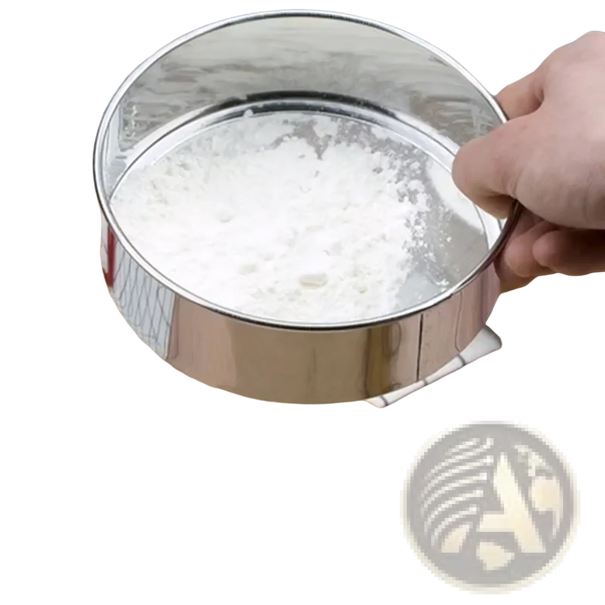 A round stainless steel flour sifter with a shiny metallic finish and fine mesh for baking use