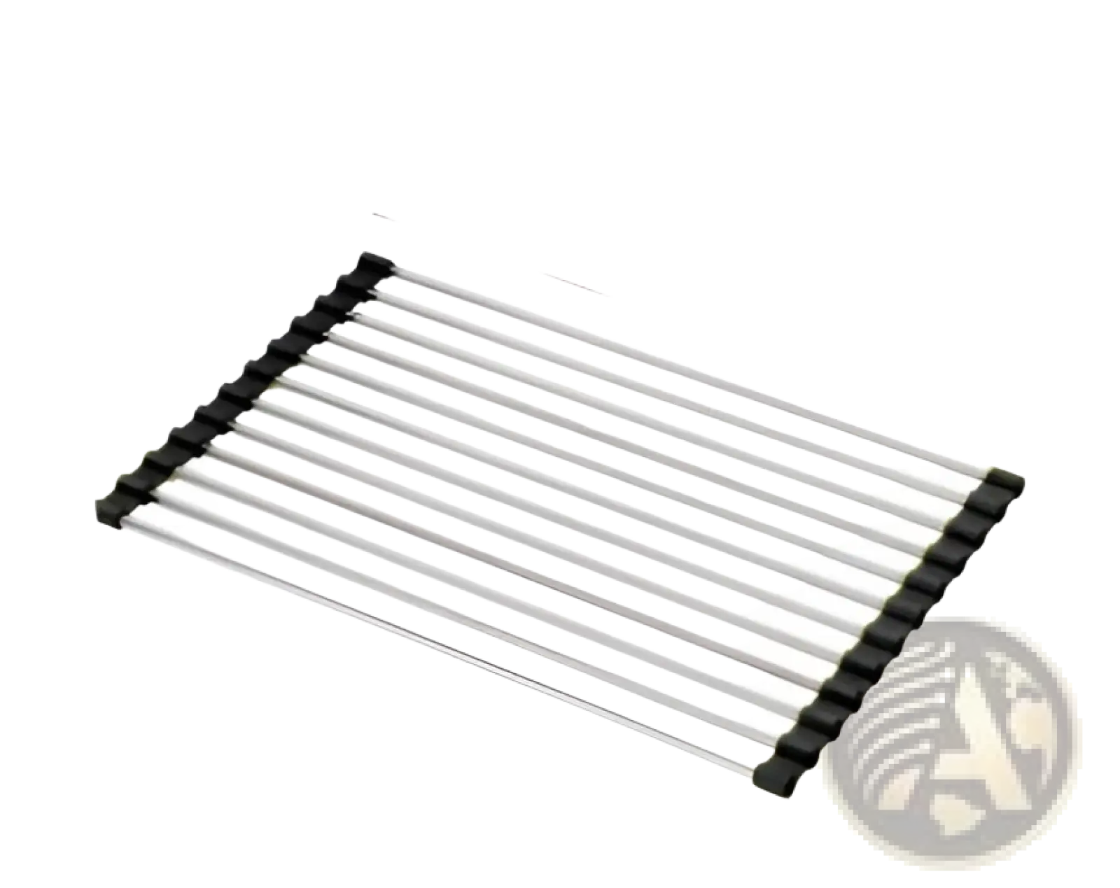 Silver stainless steel folding sink drain rack drying mat with black plastic end caps measuring 470mm by 220mm