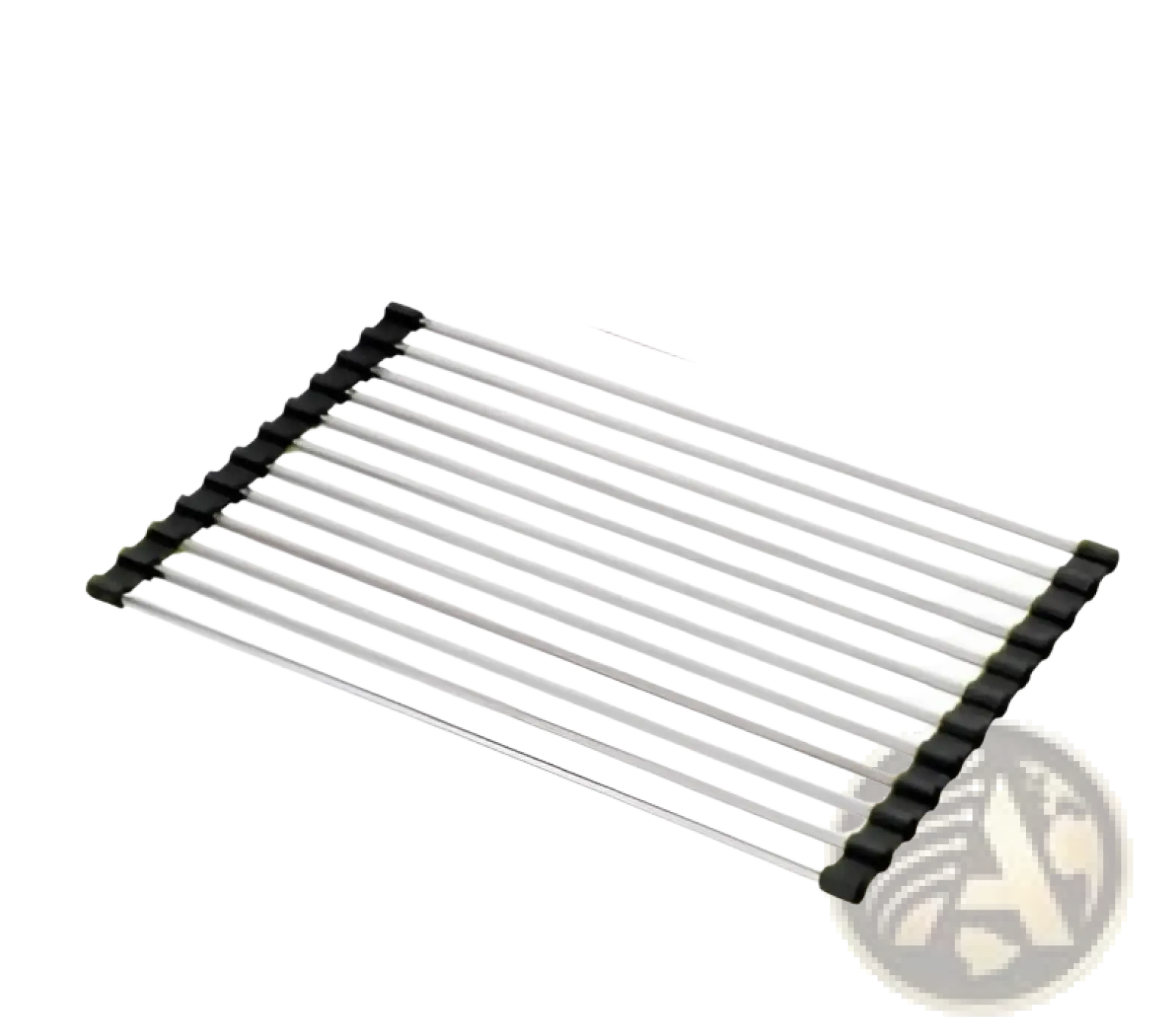 Stainless steel folding sink drain rack drying mat in silver metal with black plastic end caps measuring 380mm by 220mm