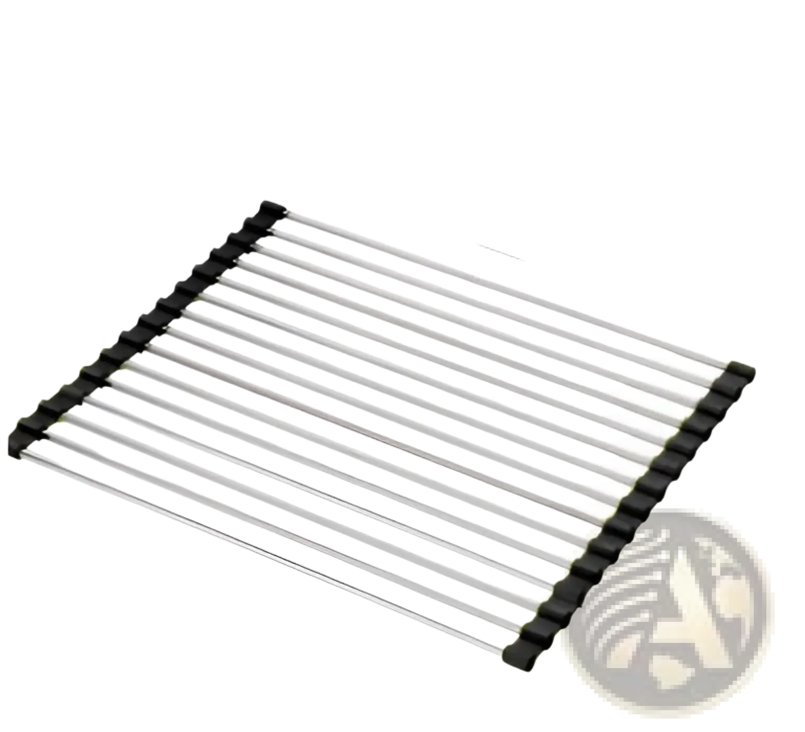 Silver metal stainless steel folding sink drain rack drying mat with black rubberized end caps measuring 470mm by 280mm