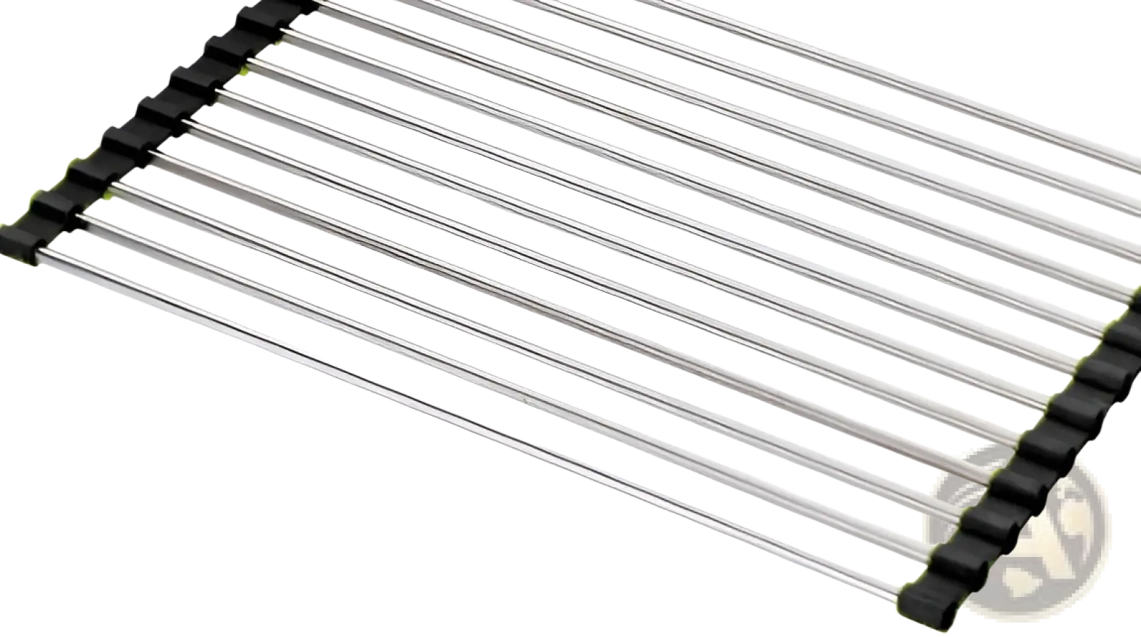 Silver stainless steel folding sink drain rack drying mat with black plastic end caps for efficient drying