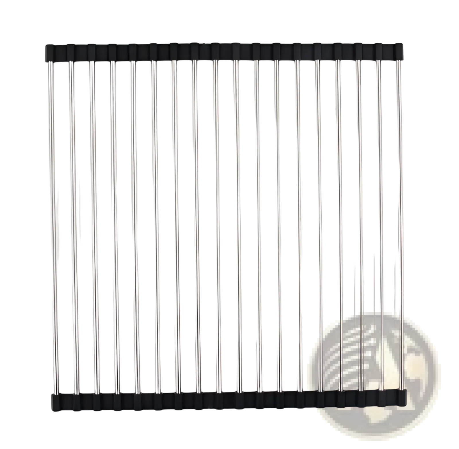A sleek rectangular stainless steel folding sink drain rack drying mat with black rubberized end caps and a 37cm by 35cm frame