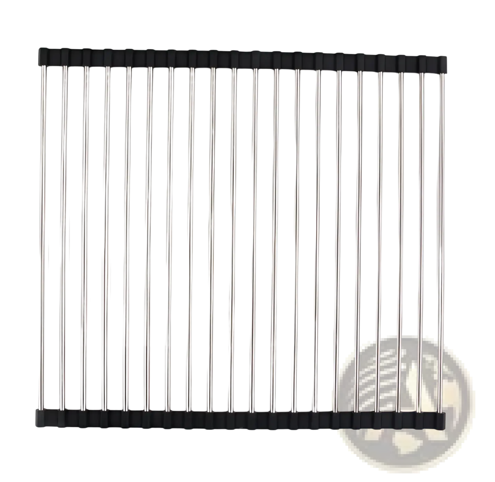 Stainless steel folding sink drain rack drying mat with black rubberized end caps and collapsible rectangular design