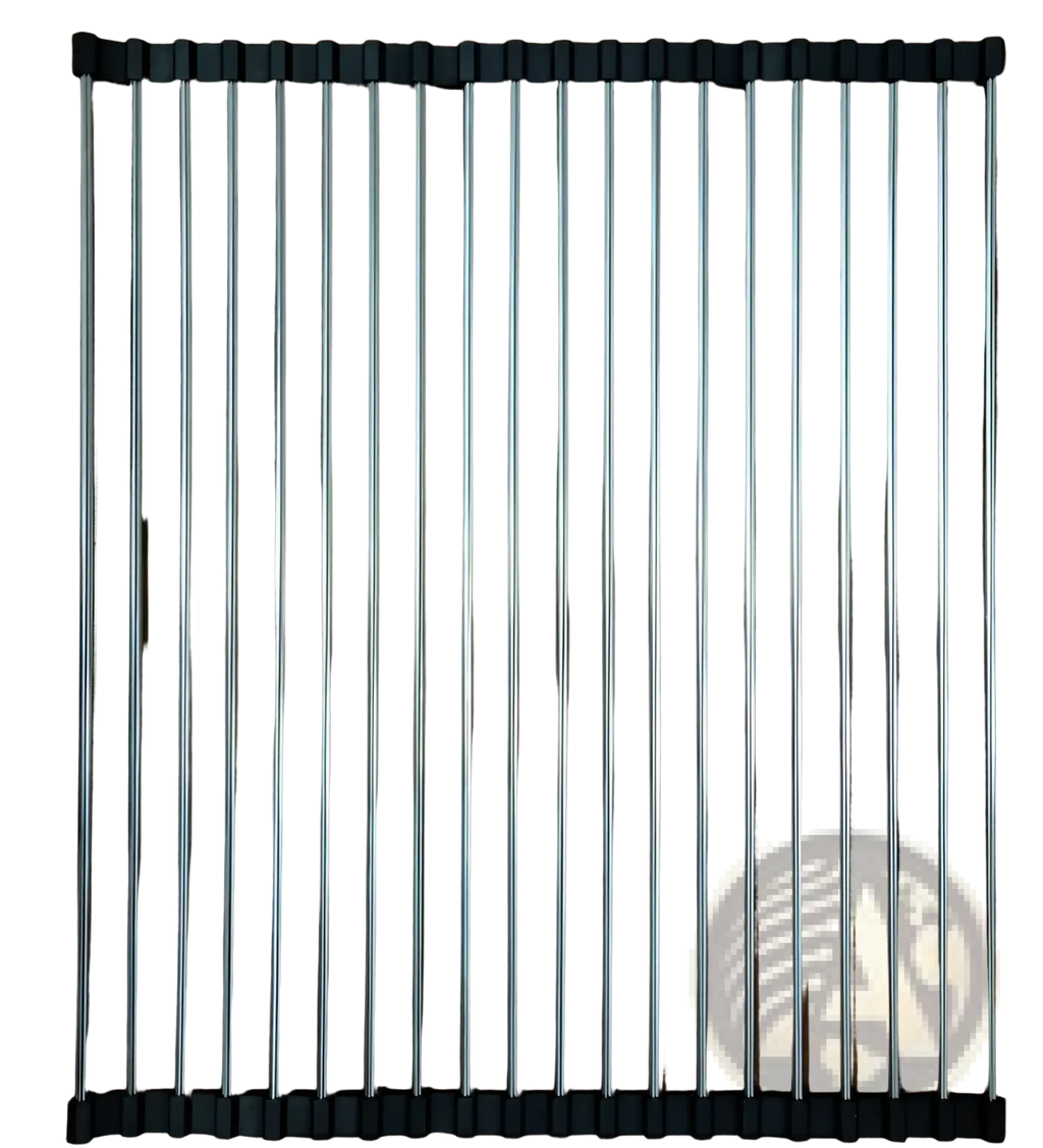 A sleek stainless steel folding sink drain rack drying mat with black rubberized end caps for kitchen use