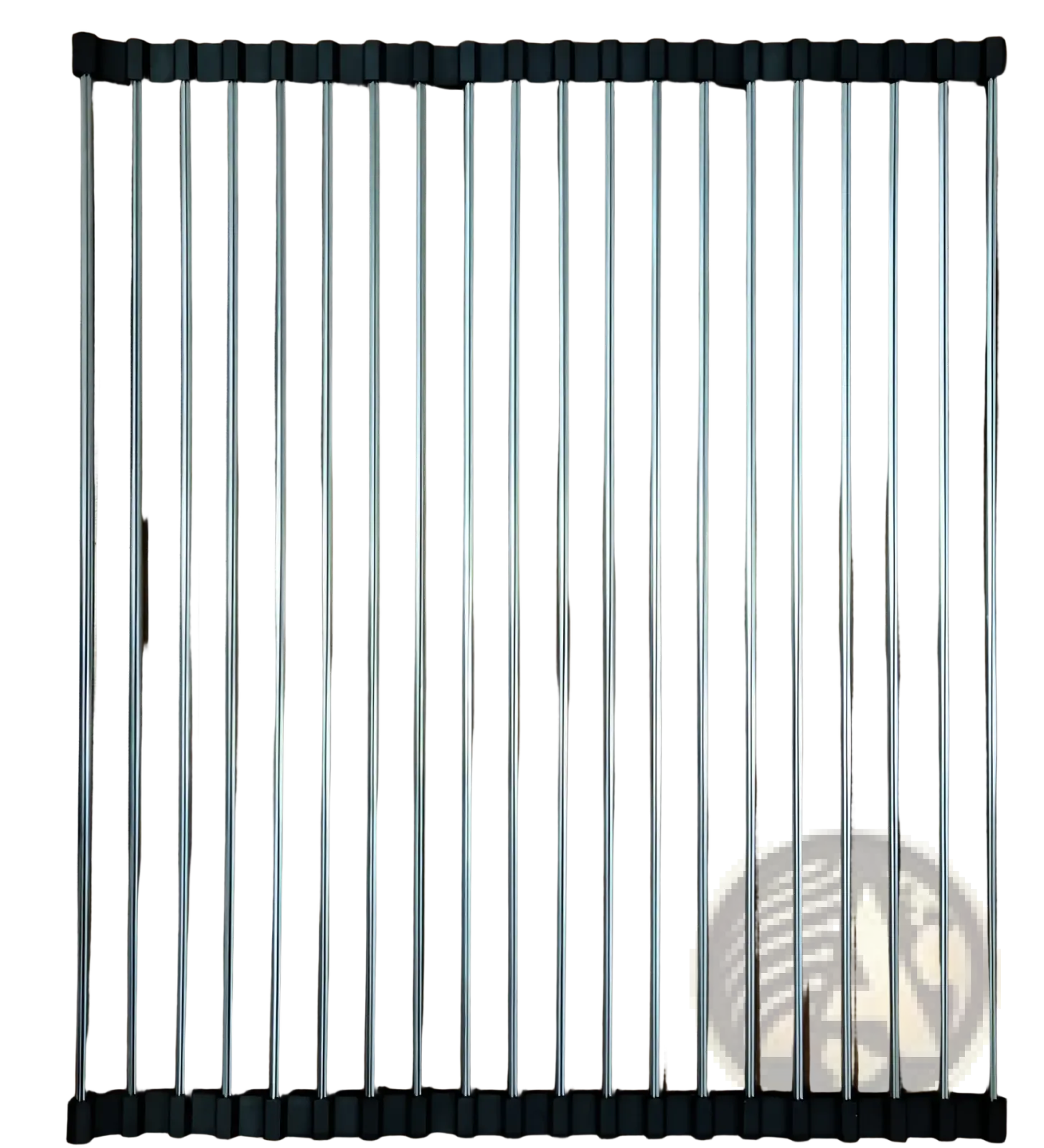 A sleek stainless steel folding sink drain rack drying mat with black rubberized end caps for kitchen use