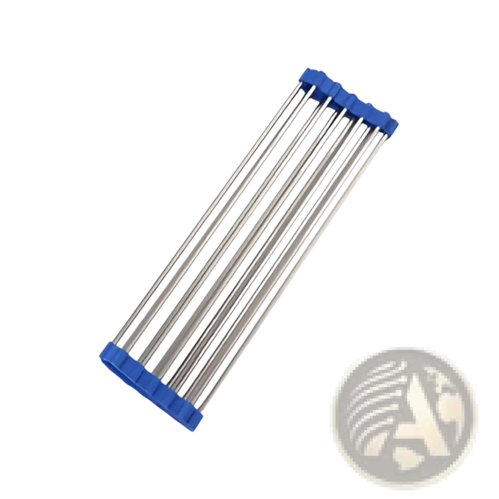 Stainless steel folding sink drain rack drying mat with silver metal frame and blue plastic ends measuring 37x20cm
