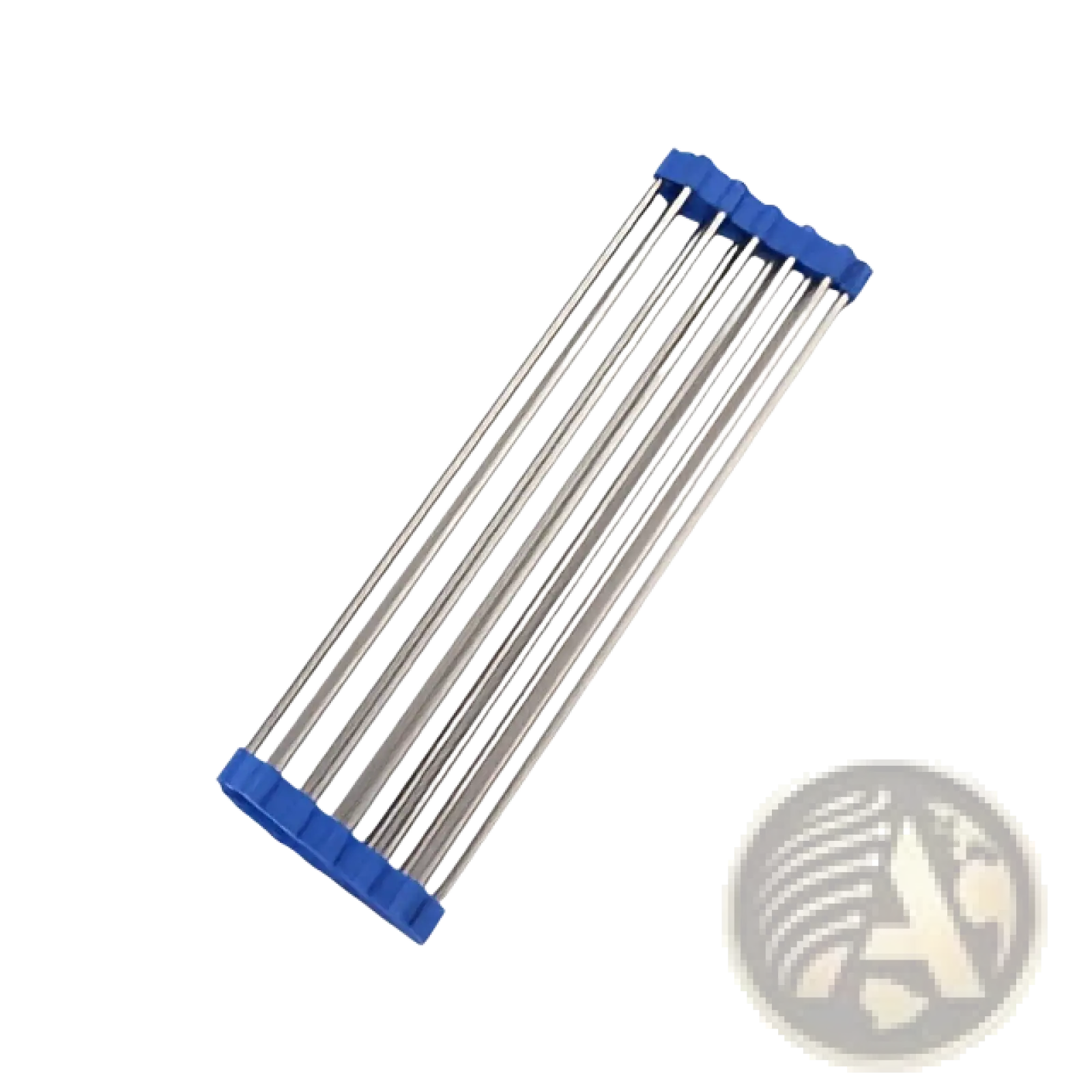 Stainless steel folding sink drain rack drying mat with silver metal utensils and blue plastic ends measuring 47x23cm