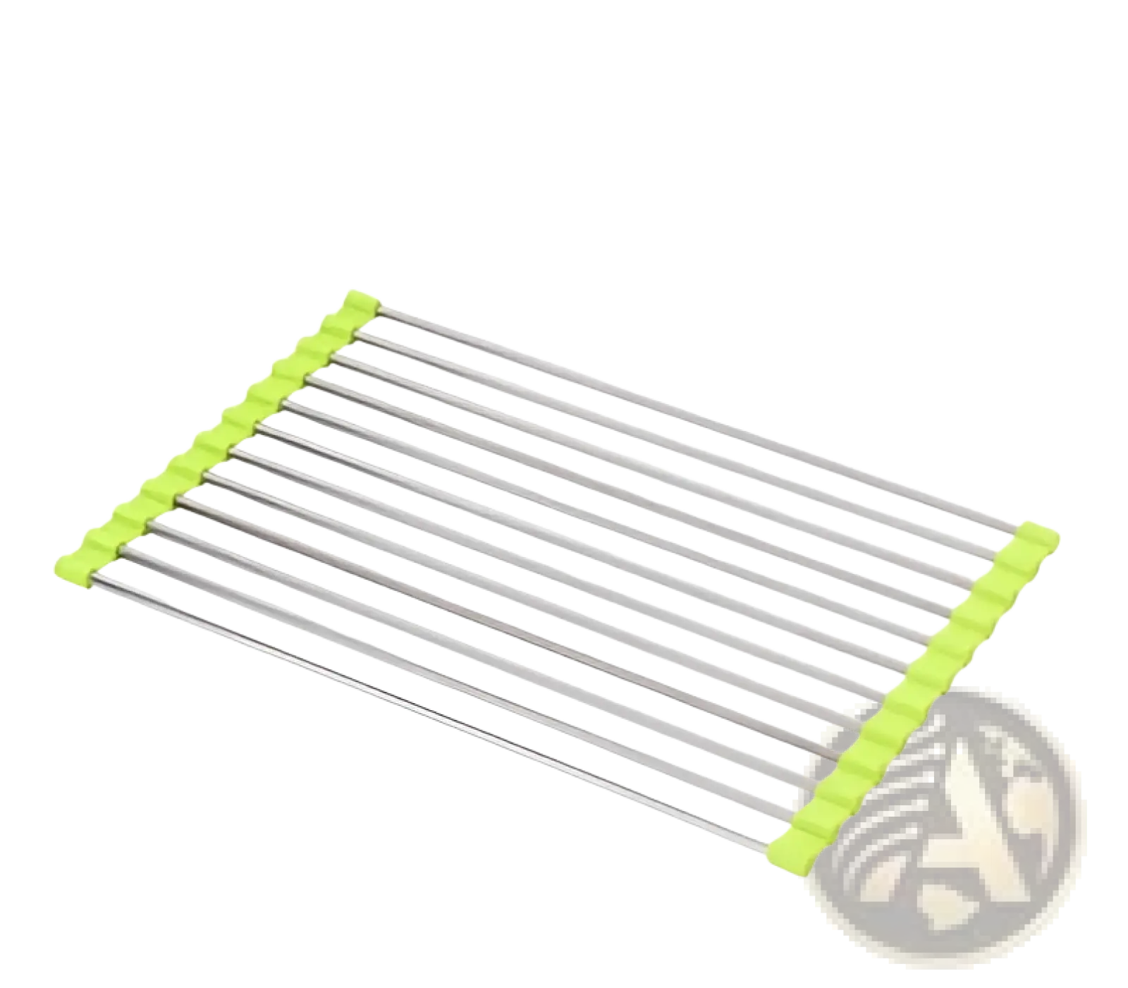 A stainless steel folding sink drain rack drying mat with lime green plastic end caps and a minimalist design