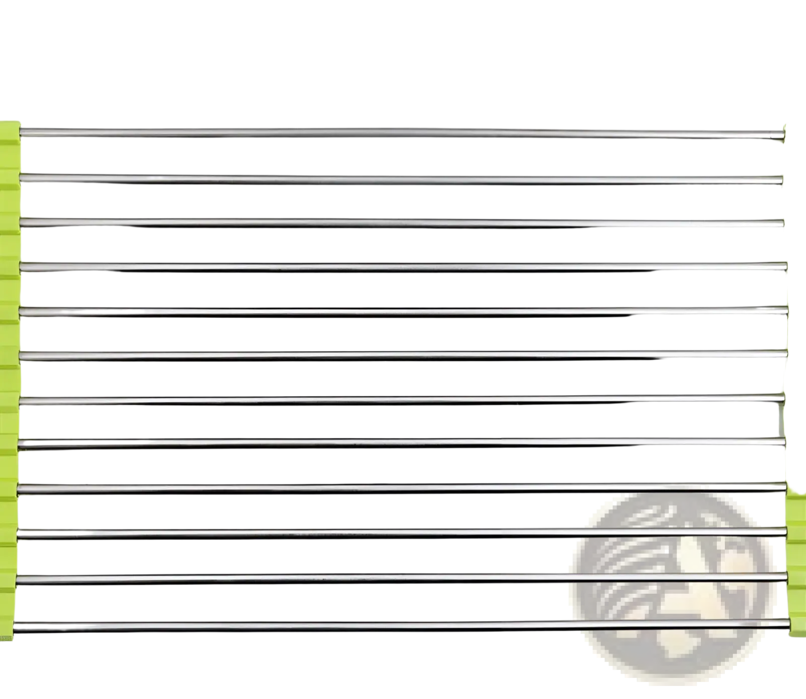 Fifteen sleek metallic stainless steel cylindrical tubes arranged in a row of a folding sink drain rack drying mat