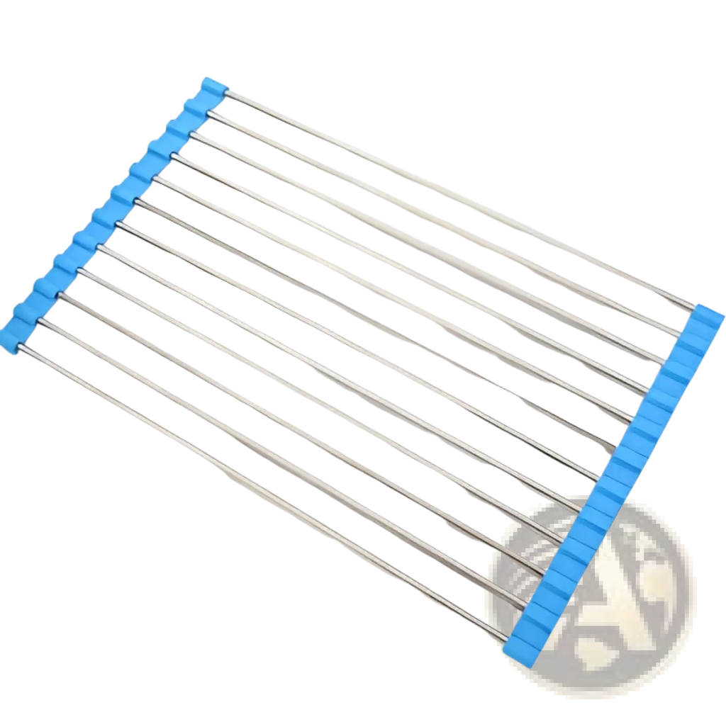 Blue plastic-coated stainless steel folding sink drain rack drying mat for dish drying and organization