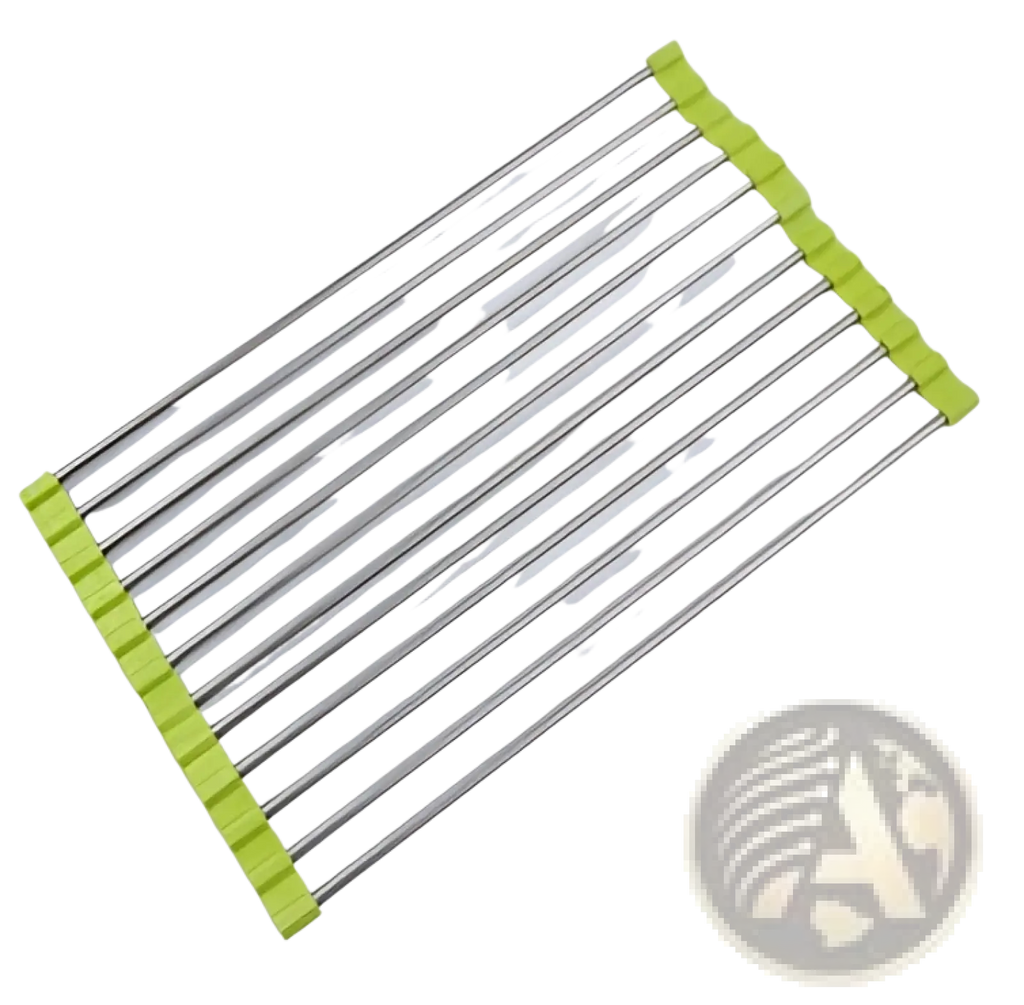 A collapsible stainless steel folding sink drain rack with lime green plastic end caps for drying dishes