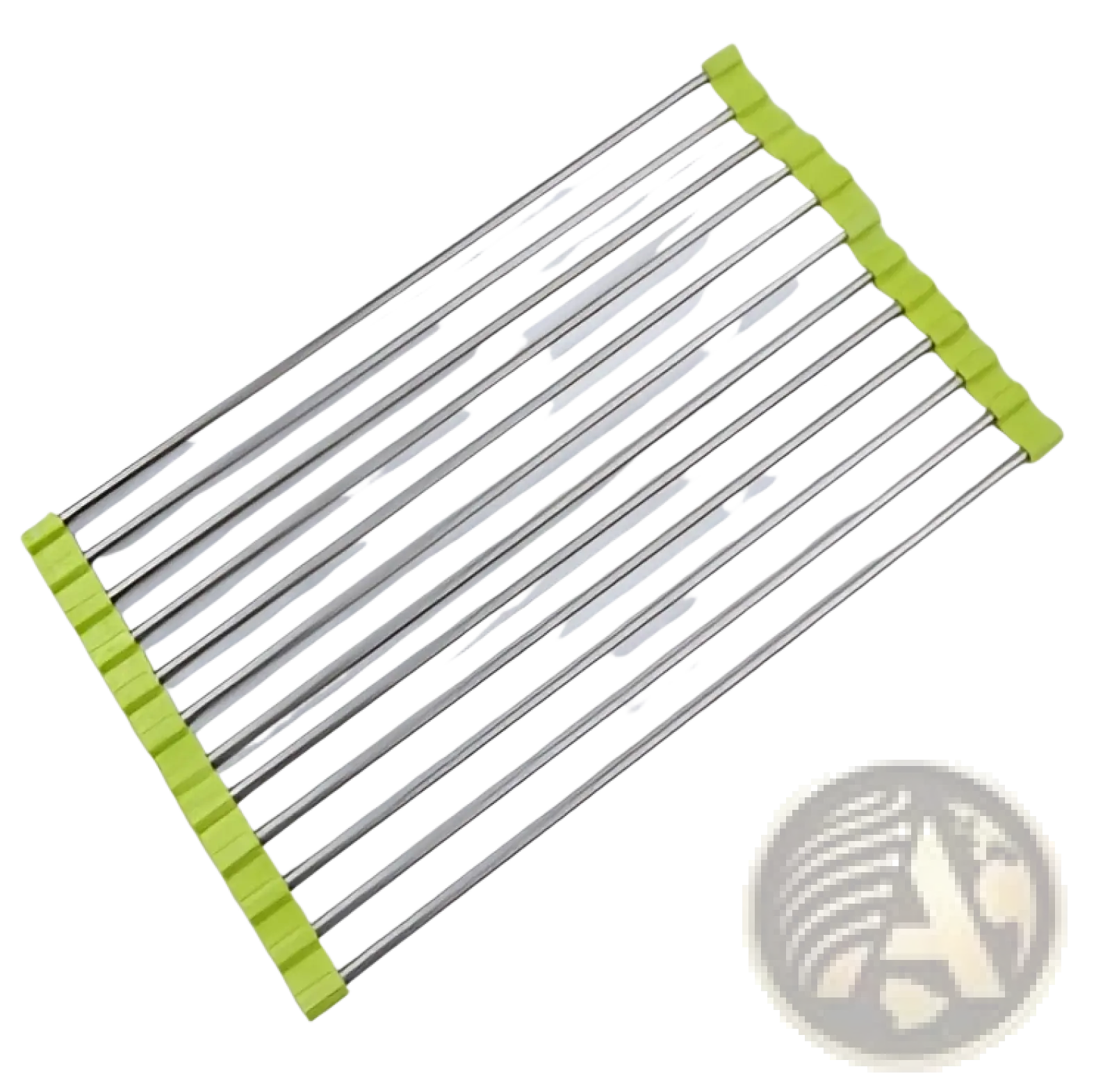 A collapsible stainless steel folding sink drain rack with lime green plastic end caps for drying dishes
