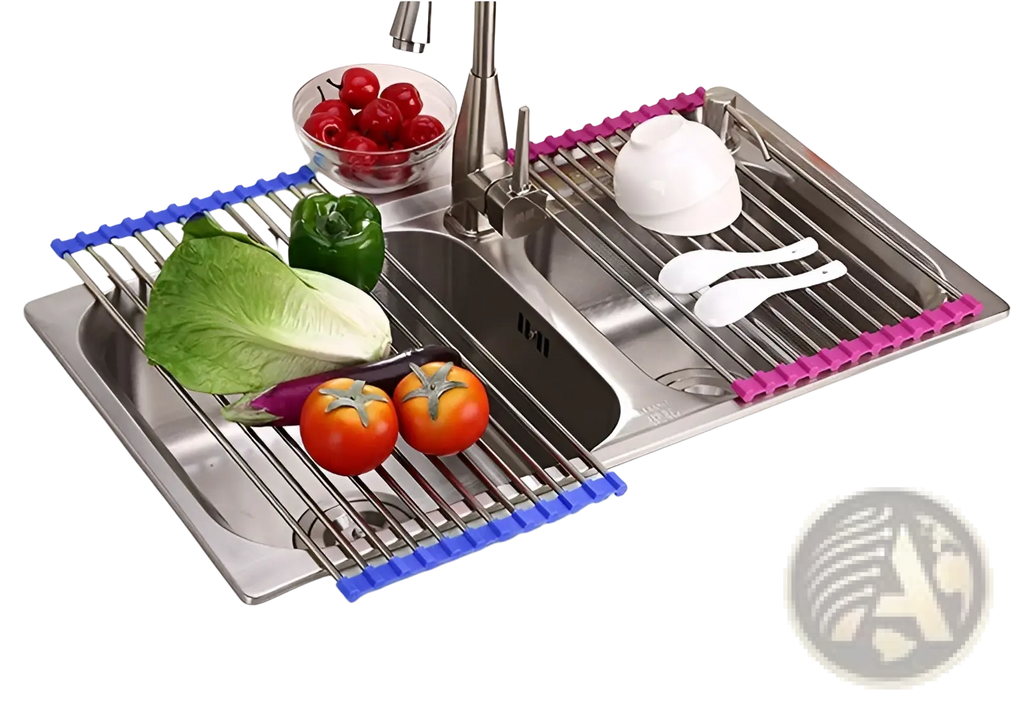 Blue and purple silicone-rimmed stainless steel folding sink drain rack with adjustable metal rods for drying dishes