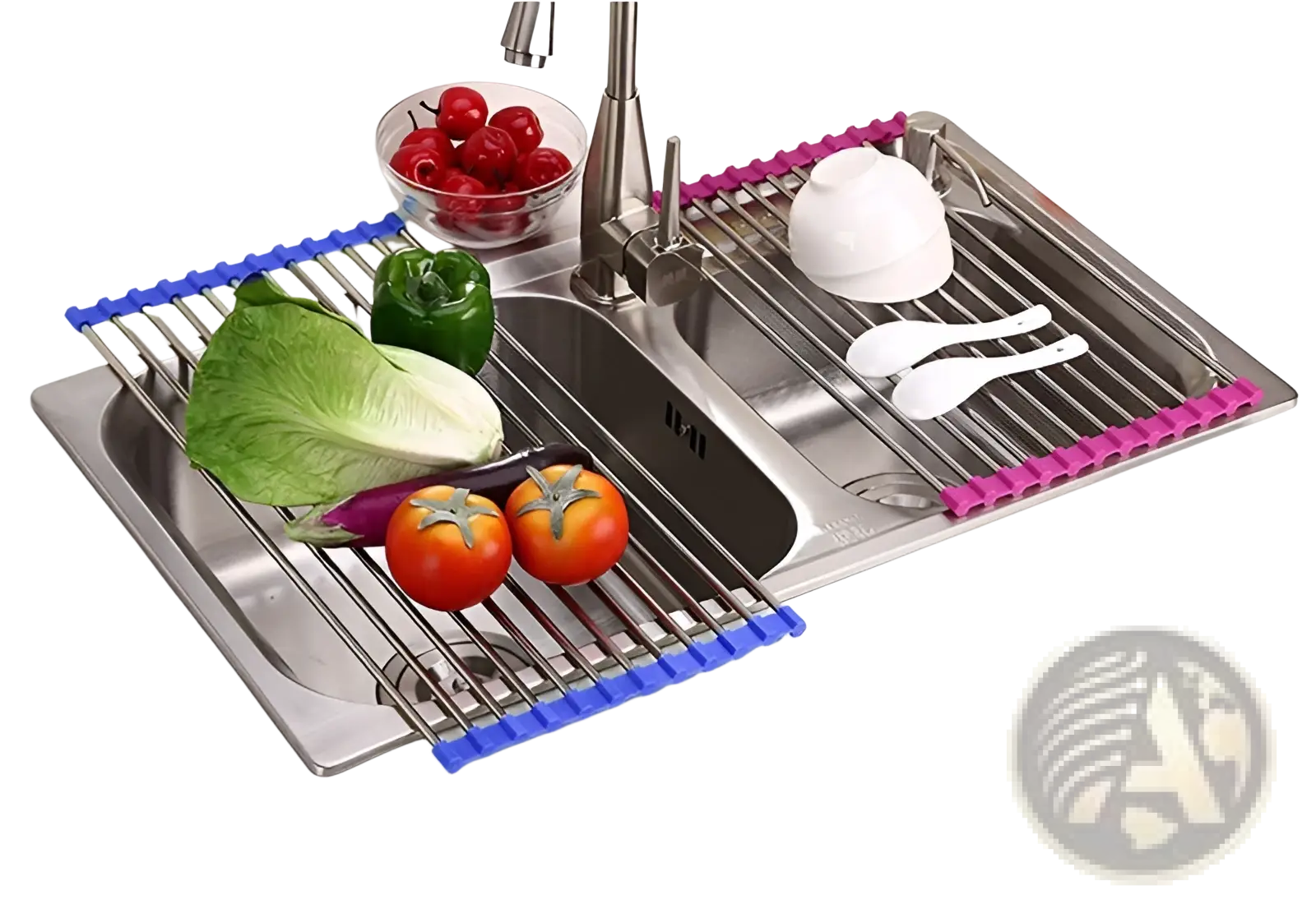 Blue and purple silicone-rimmed stainless steel folding sink drain rack with adjustable metal rods for drying dishes