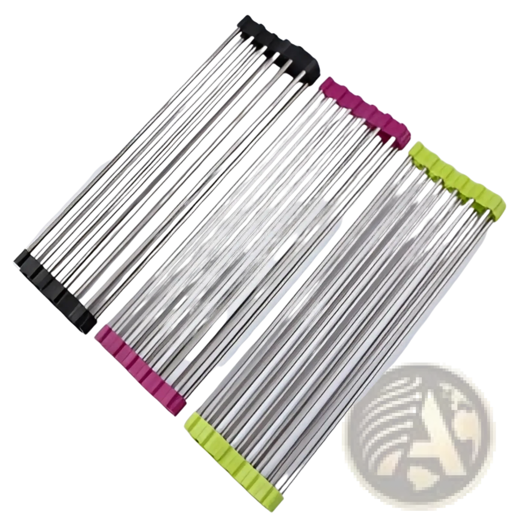 Three stainless steel folding sink drain racks with black pink and lime green plastic end caps for drying dishes