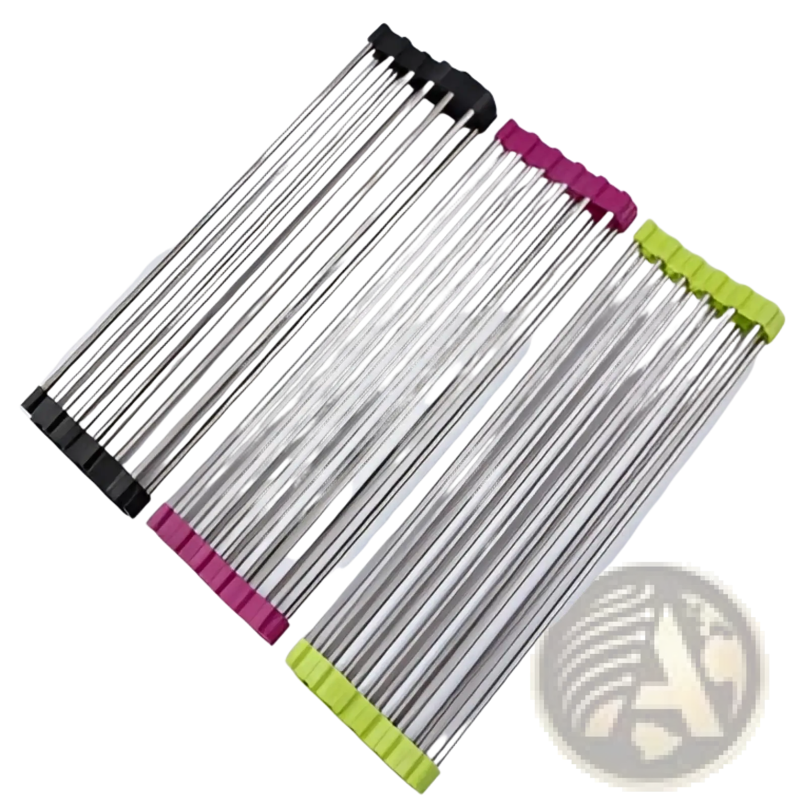 Three stainless steel folding sink drain racks with black pink and lime green plastic end caps for drying dishes