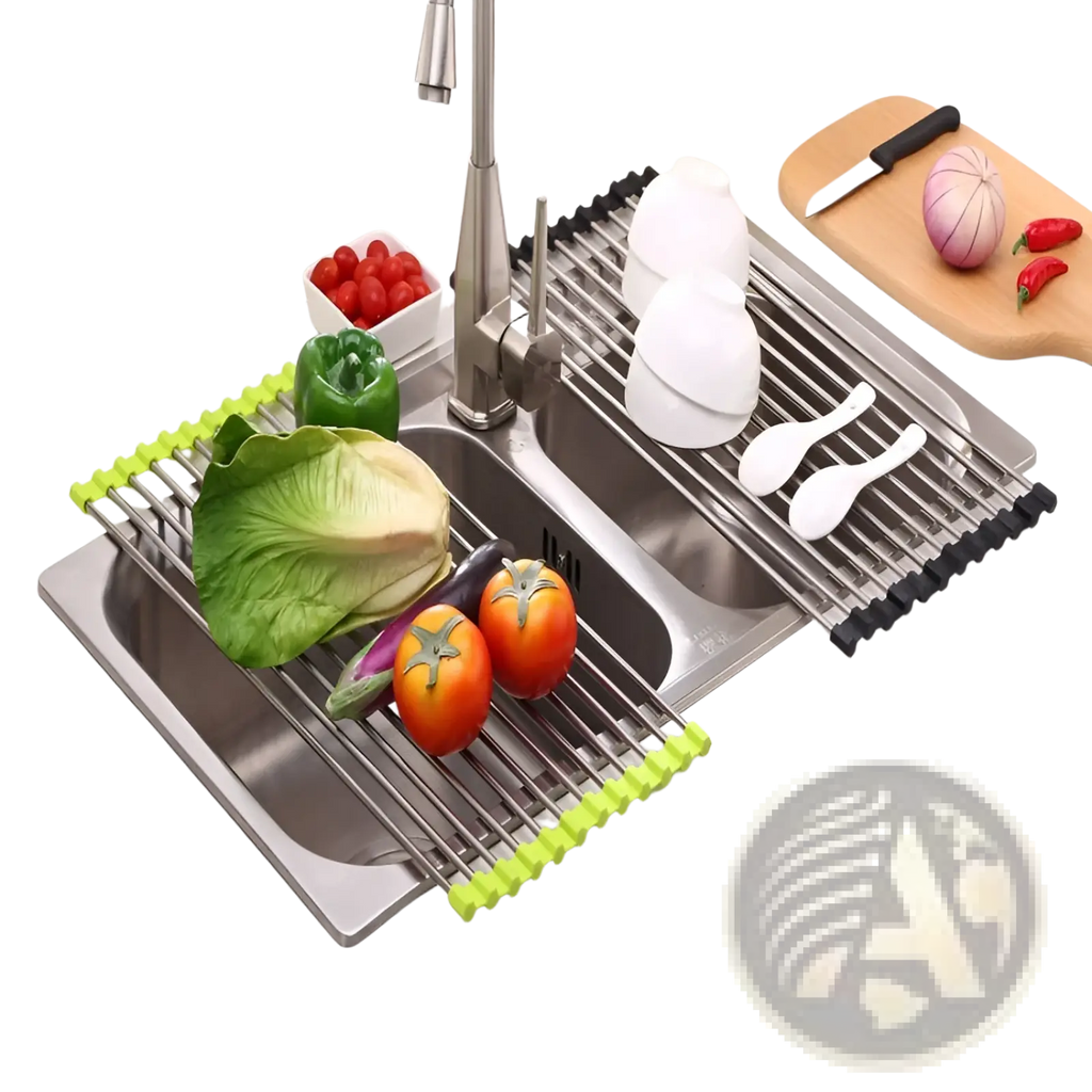 Green and silver stainless steel folding sink drain rack drying mat with collapsible design and rubberized edges