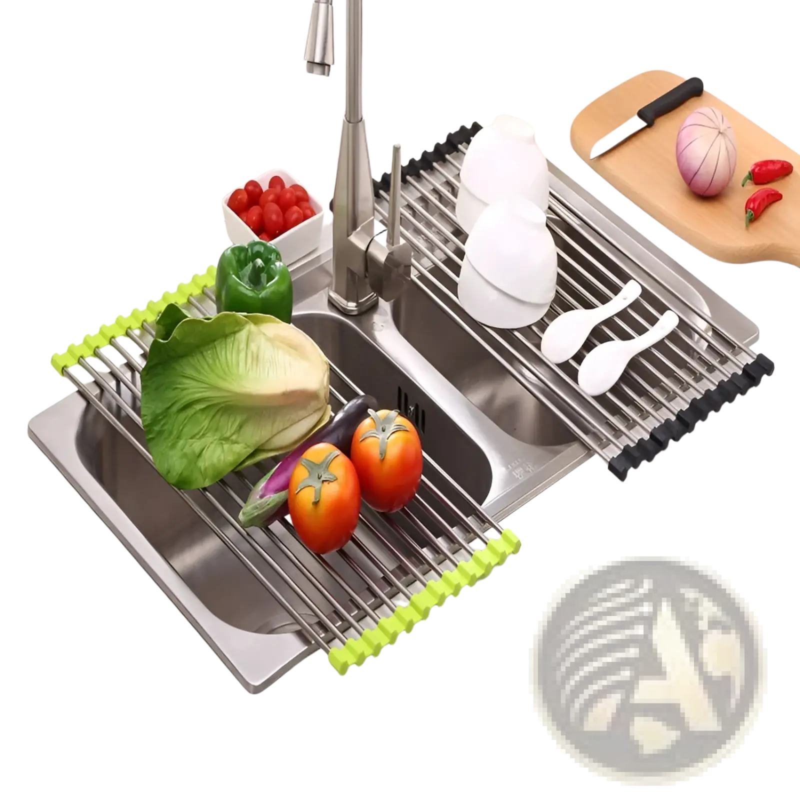 Green and silver stainless steel folding sink drain rack drying mat with collapsible design and rubberized edges