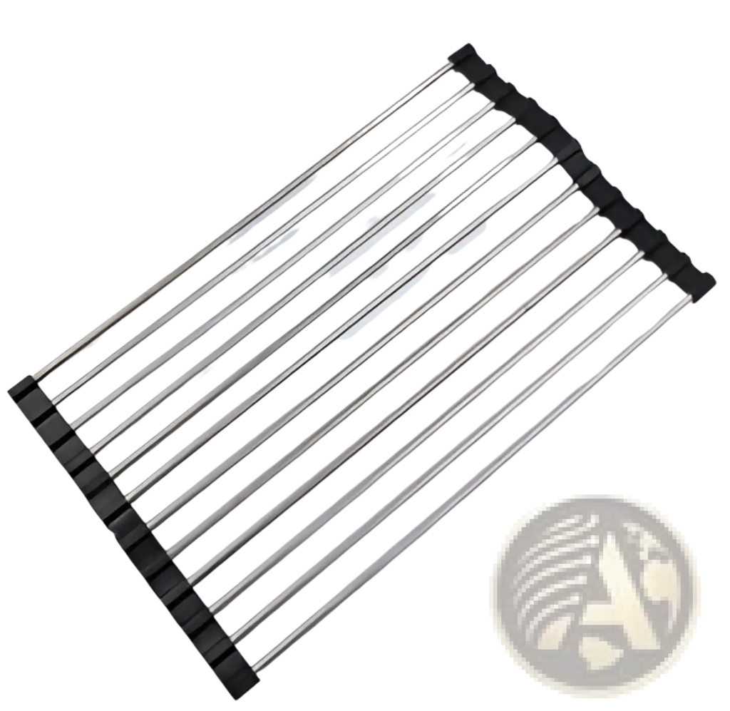 Stainless steel folding sink drain rack drying mat with black rubberized end caps for dish drying and organization