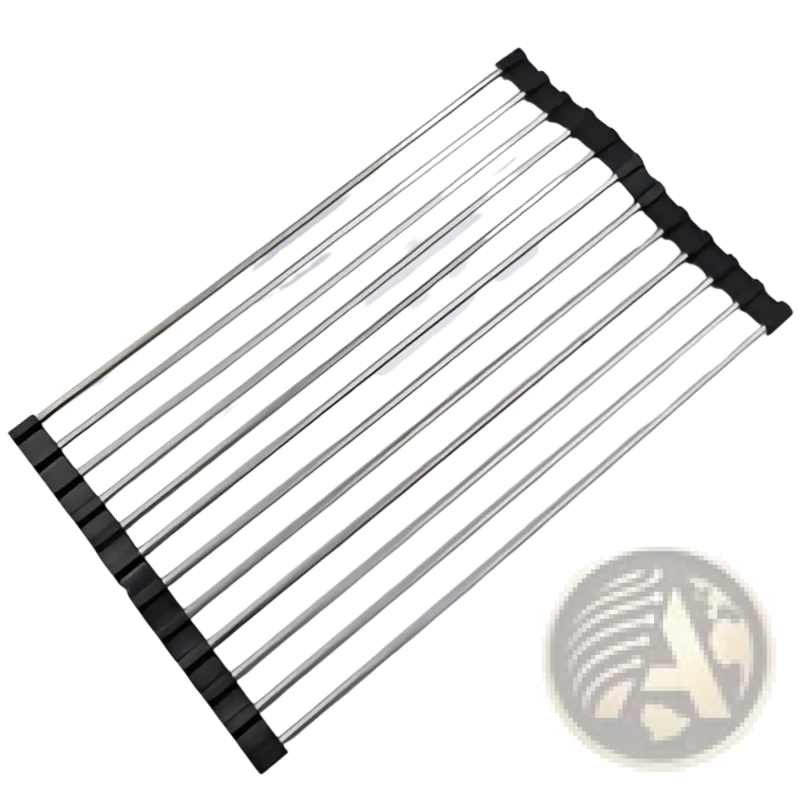 Stainless steel folding sink drain rack drying mat with black rubberized end caps for dish drying and organization