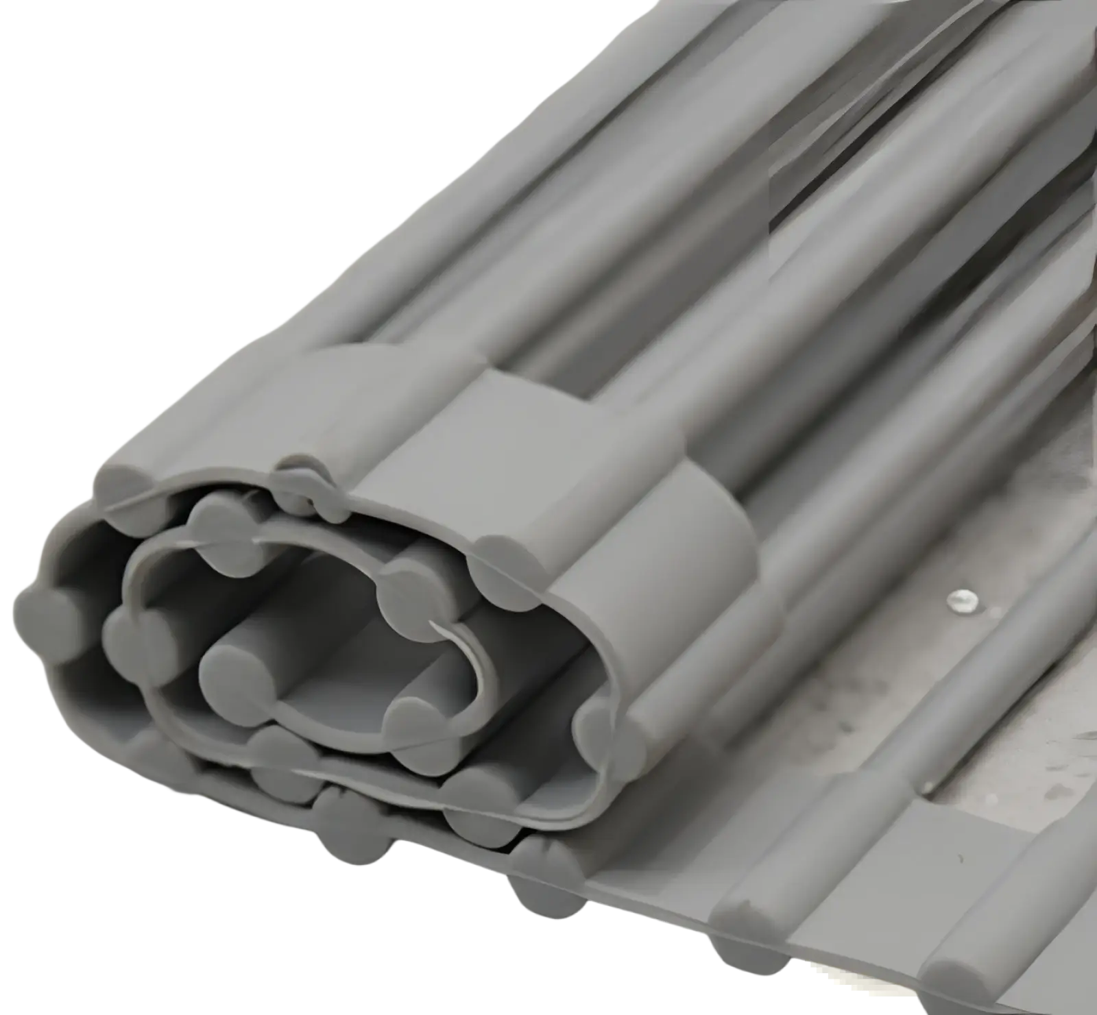 Gray plastic chain with interlocking links and rounded edges used on stainless steel folding sink drain rack drying mat