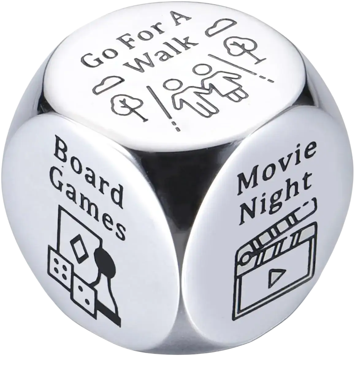 Stainless steel food decision dice with shiny silver finish and black engraved icons for couples date night activities