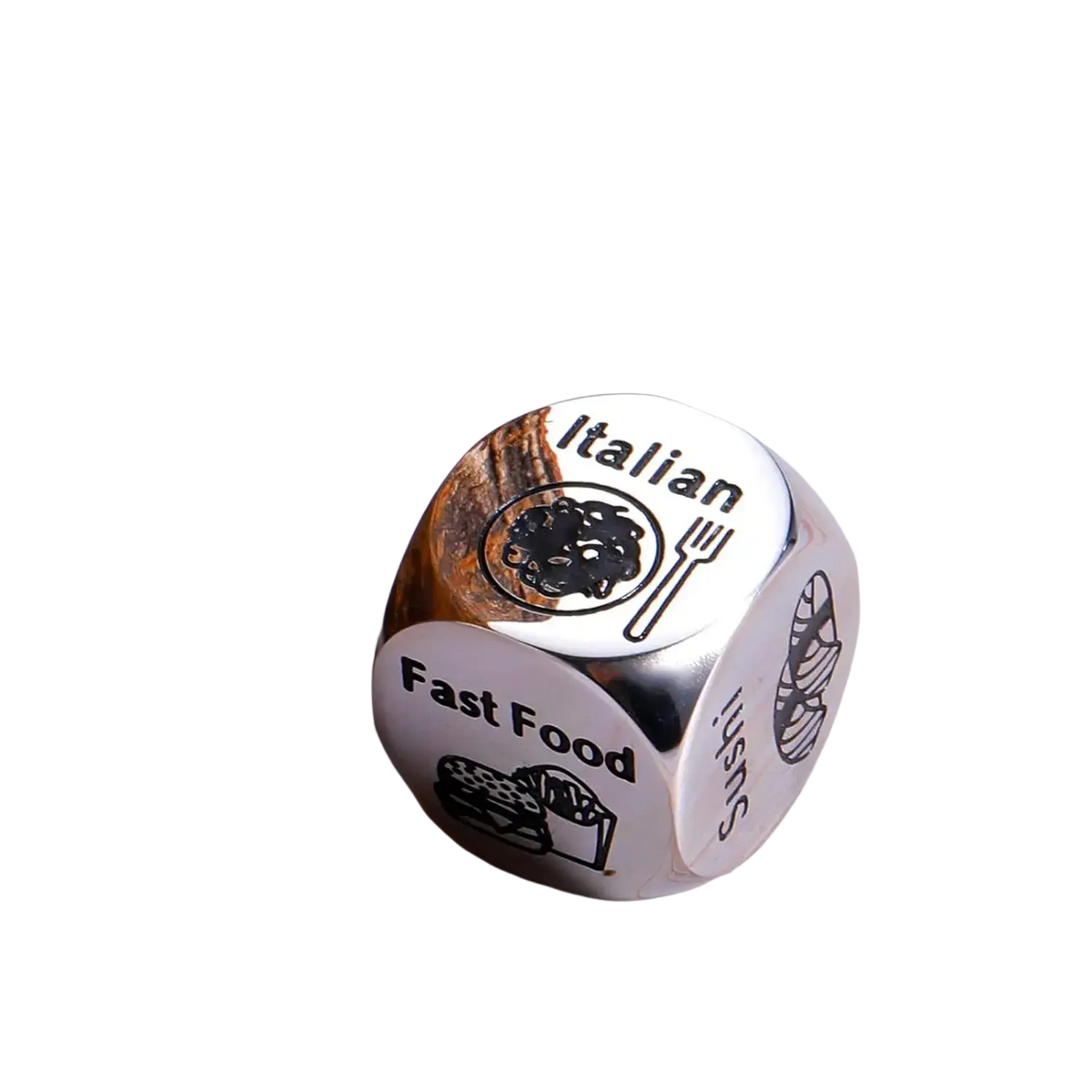 Stainless steel food decision dice for couples date night featuring silver engraved italian fast food and sushi options