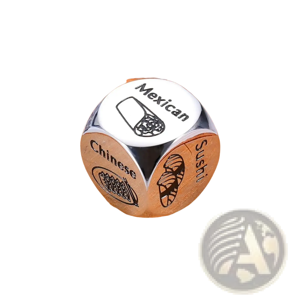 Silver-colored stainless steel six-sided food decision dice with engraved mexican chinese and sushi designs for couples date night