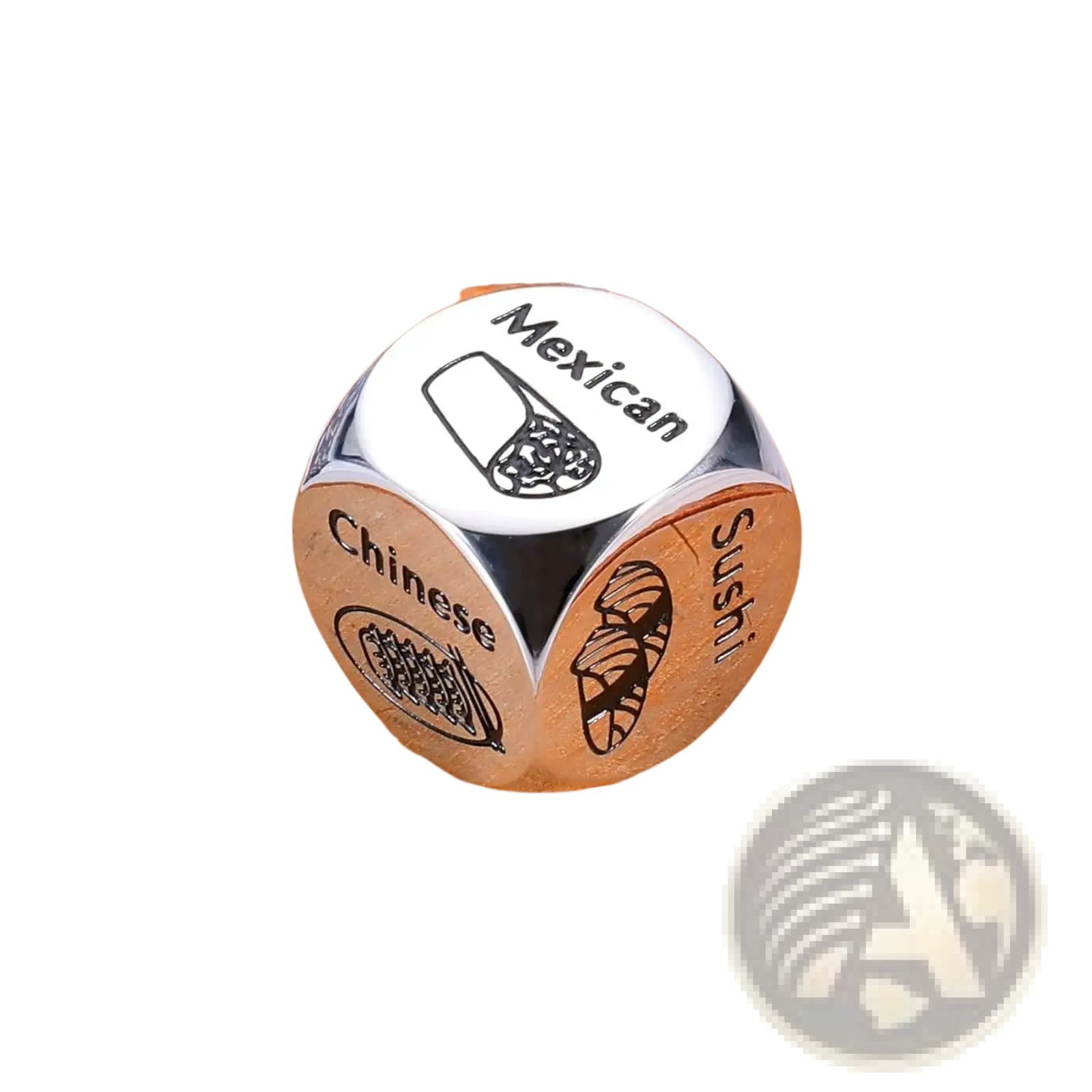 Silver-colored stainless steel six-sided food decision dice with engraved mexican chinese and sushi designs for couples date night