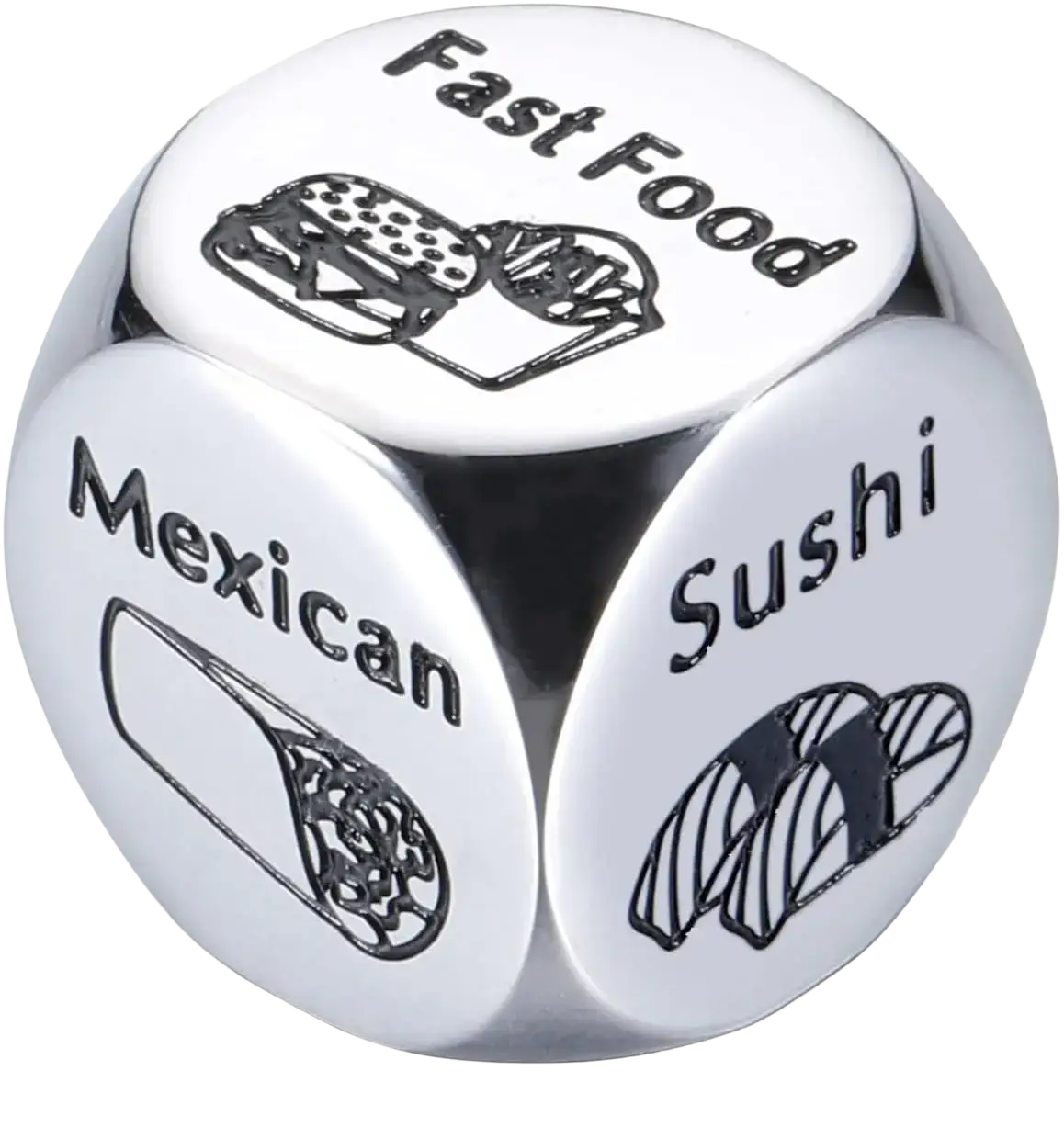 Silver metallic stainless steel food decision dice engraved with fast food mexican and sushi faces for couples date night