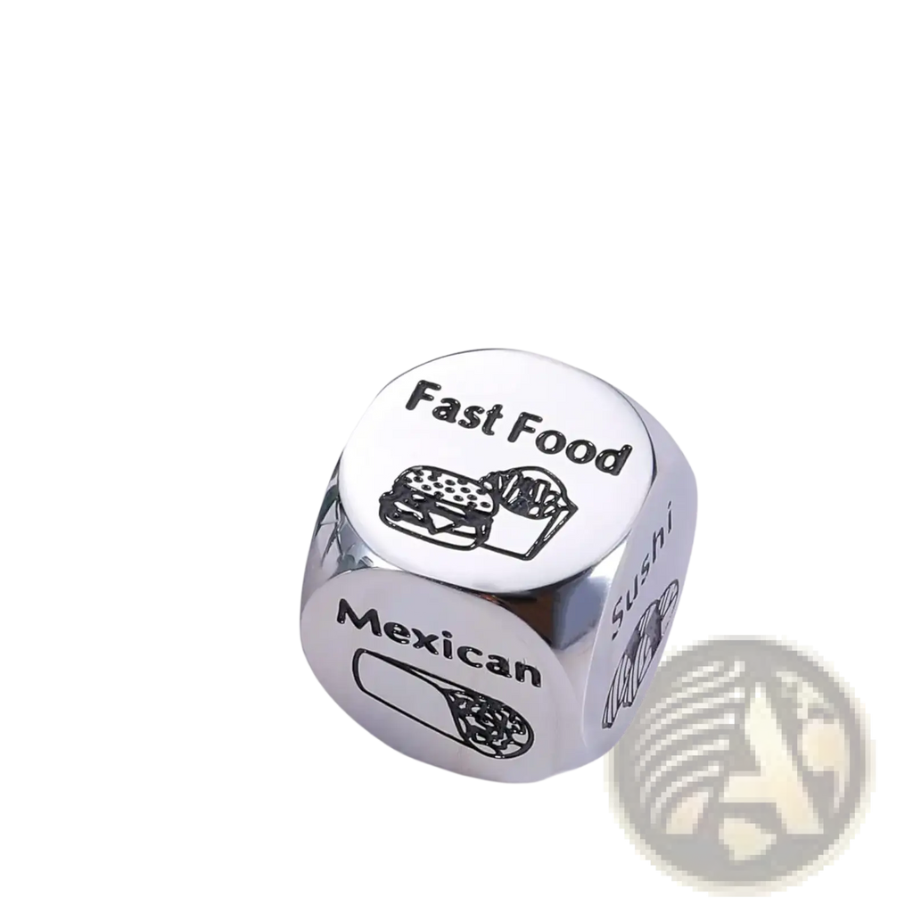 Silver metallic stainless steel food decision dice engraved with fast food mexican and sushi faces for couples date night