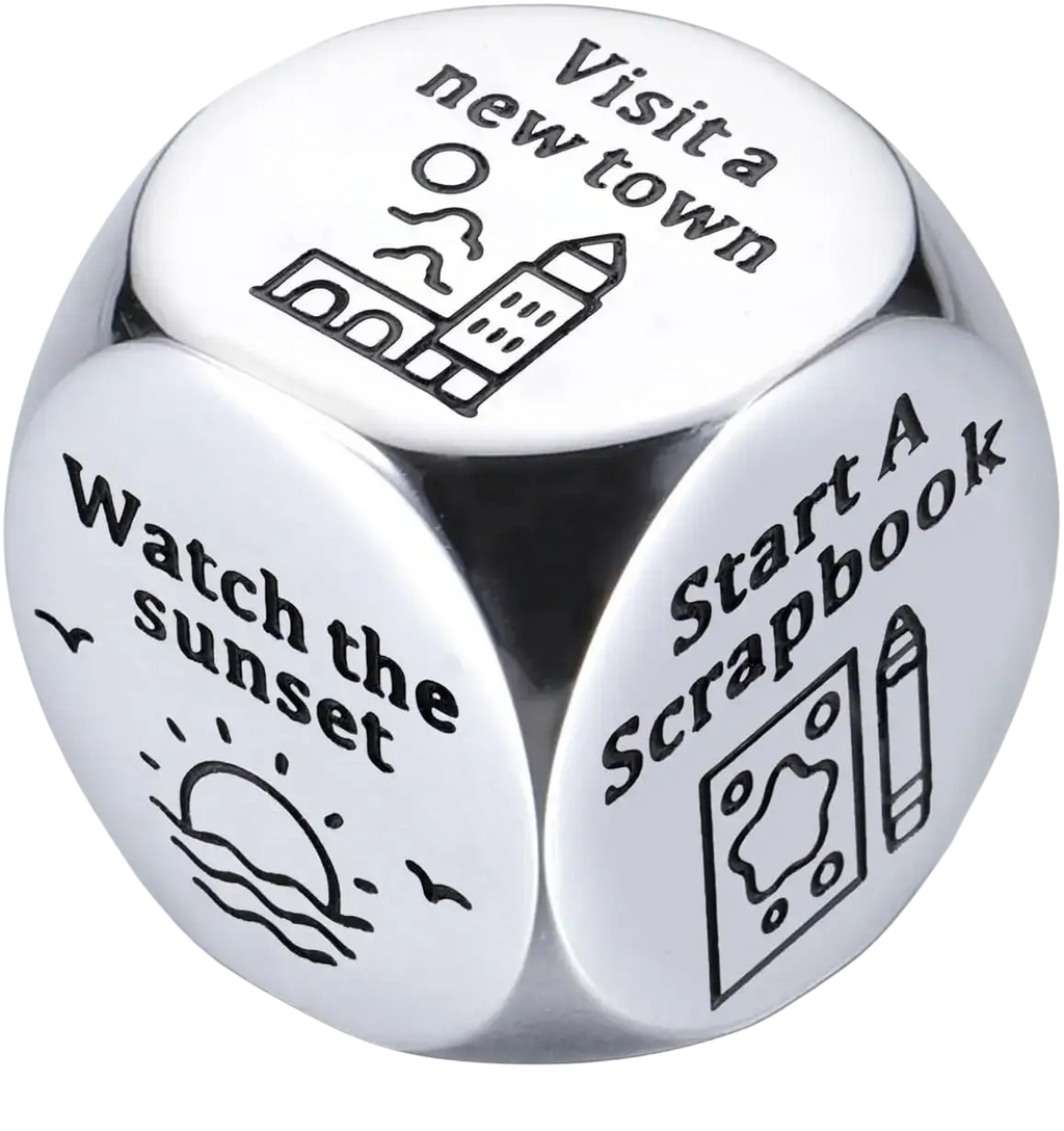 Silver metallic stainless steel food decision dice for couples date night with engraved black text like visit a new town